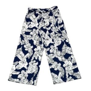 Melloday wide leg belted pants Navy White Tropical print Pull on Size M Stretch